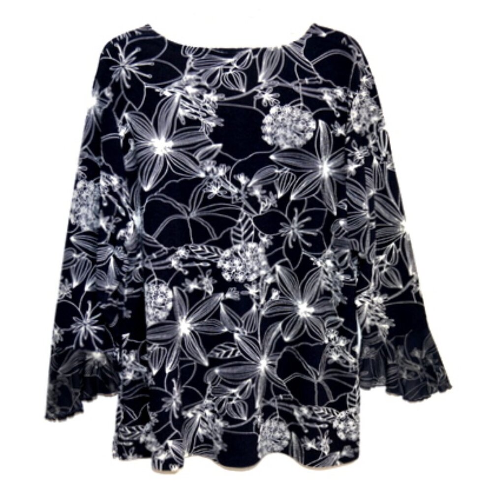 Impressions Women's Black Floral V-Neck 3/4 Sleeve Top – Size: 1X - Picture 2 of 10